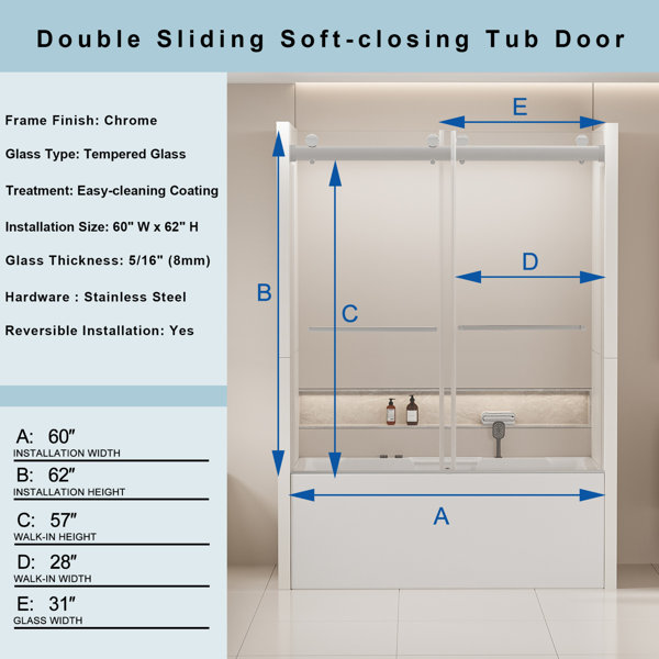 LiLiページ LILI Frameless Toughened Glass Bathtub Door 56'-60'W x 62'H